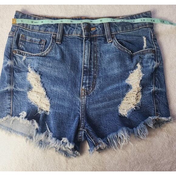 Eunina Lulu Sz Sm High Rise Shorts Cut Off Shortie denim Blue Distressed Stretch - Picture 2 of 9